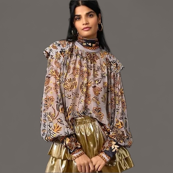 FARM Rio Tops - FARM RIO Floral Beehive Tapestry Print Blouse Metallic Liberty London Boho Loose